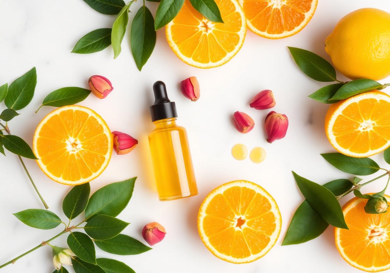 Fresh oranges, rose hips and serum dropper showing vitamin C ingredients
